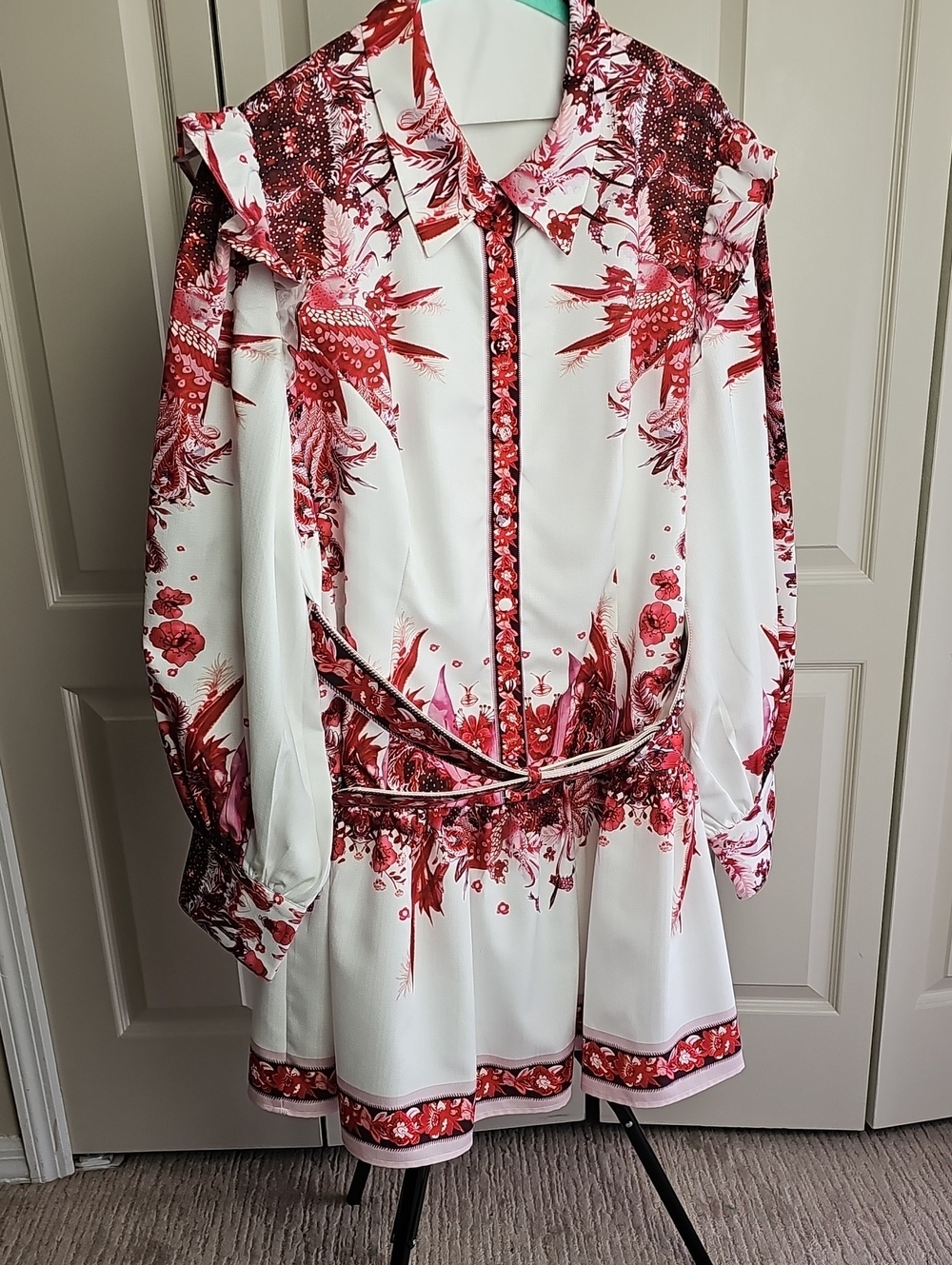 L'ATISTE White and Red Floral Long Sleeve Dress